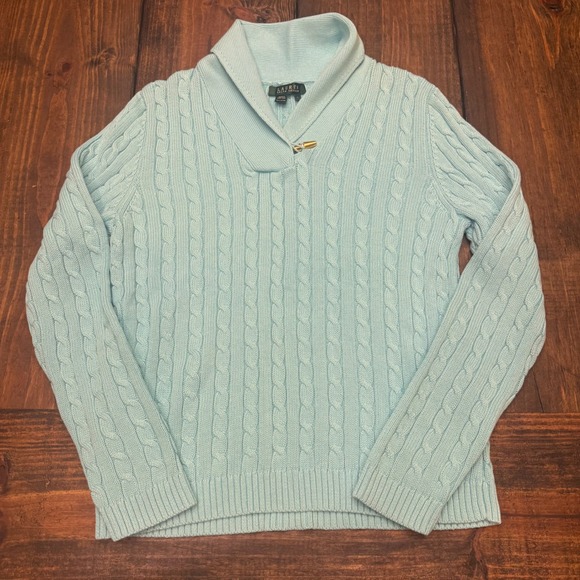Lauren Ralph Lauren Sweaters - Lauren Ralph Lauren Blue Cable Knit Shawl Collar Toggle Sweater Womens Large